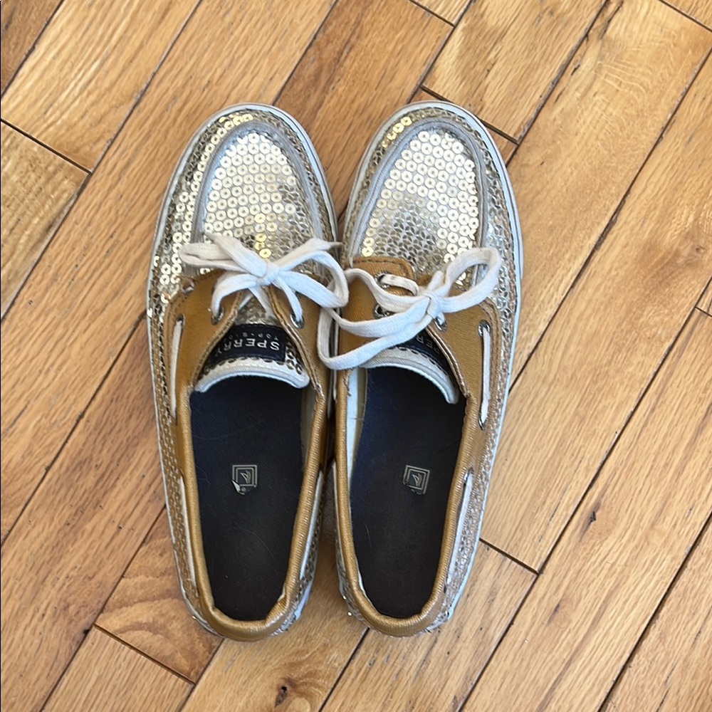 SPERRY women’s sequins Top-Sider boat shoes. Size 6.5. Gold, tan and white. GUC